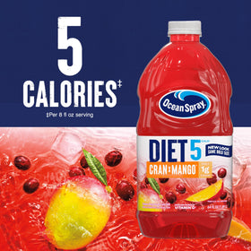 Ocean Spray Diet Cran-Mango bottle close-up shows real juice and vitamin C benefits.