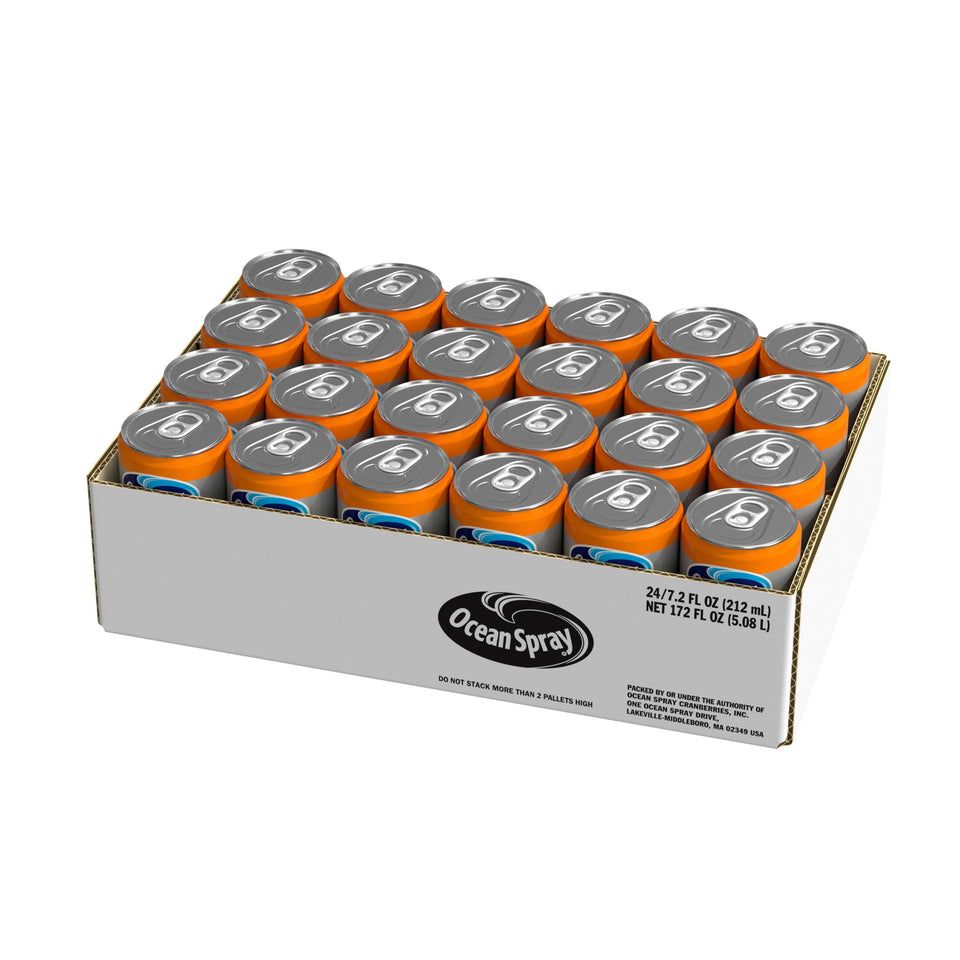 Ocean Spray orange juice mini-can close-up, no added sugar option for on-the-go refreshment.