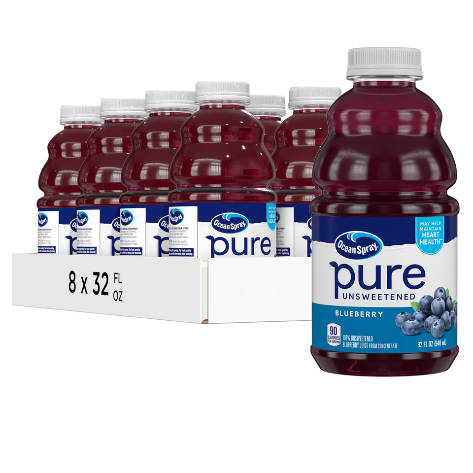 Ocean Spray Pure Blueberry juice bottle pour, ideal for smoothies and refreshing drinks.
