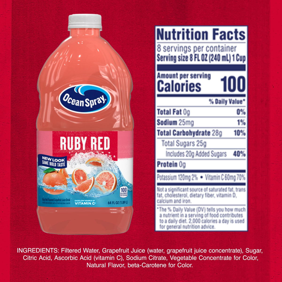 Ocean Spray Ruby Red Grapefruit juice bottle label close-up showing no HFCS and vitamin C.