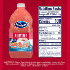 Ocean Spray Ruby Red Grapefruit juice bottle label close-up showing no HFCS and vitamin C.