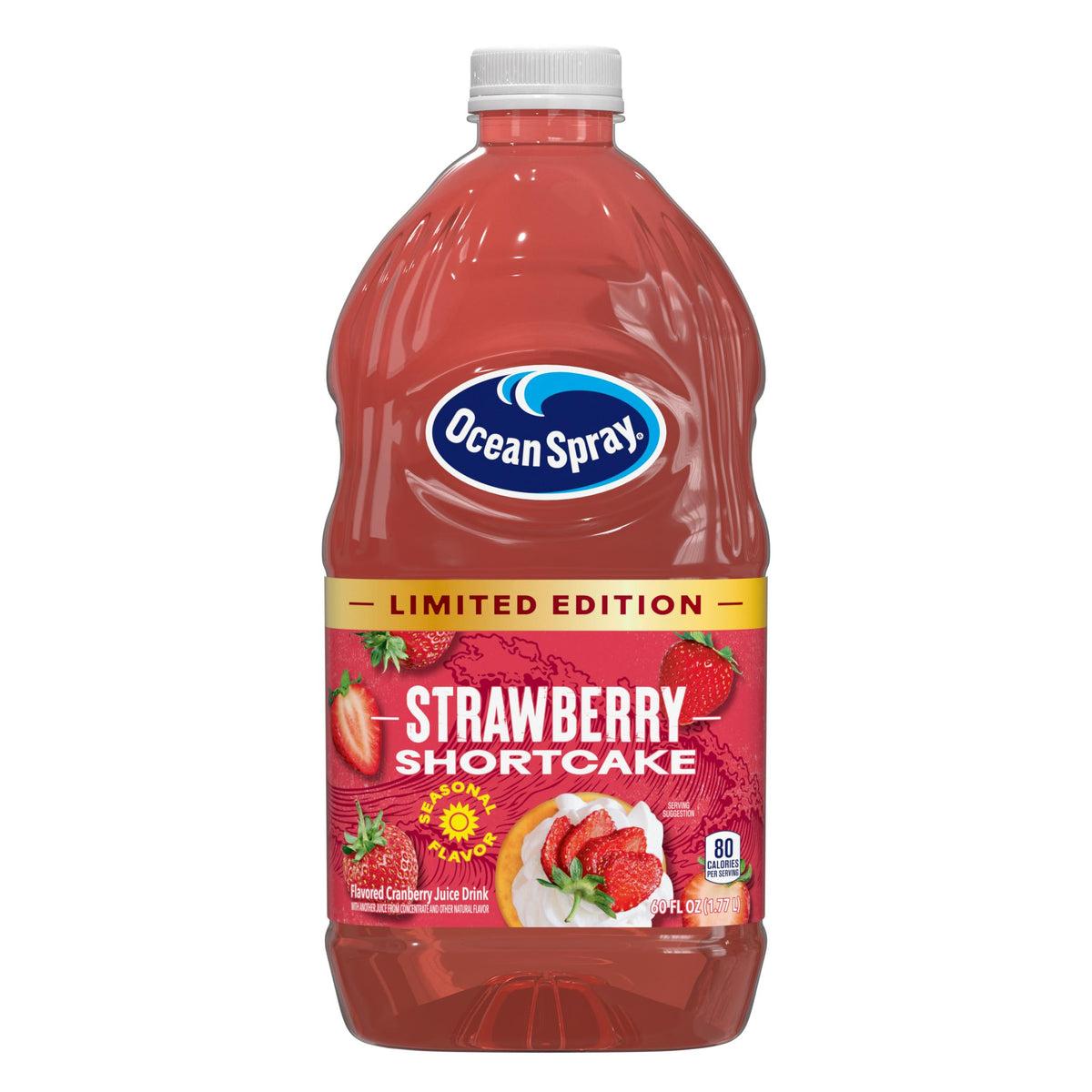 Ocean Spray Strawberry Shortcake Juice Drink bottle on table for family refreshment.