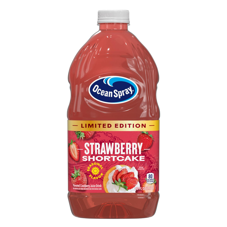 Ocean Spray Strawberry Shortcake Juice Drink bottle on table for family refreshment.