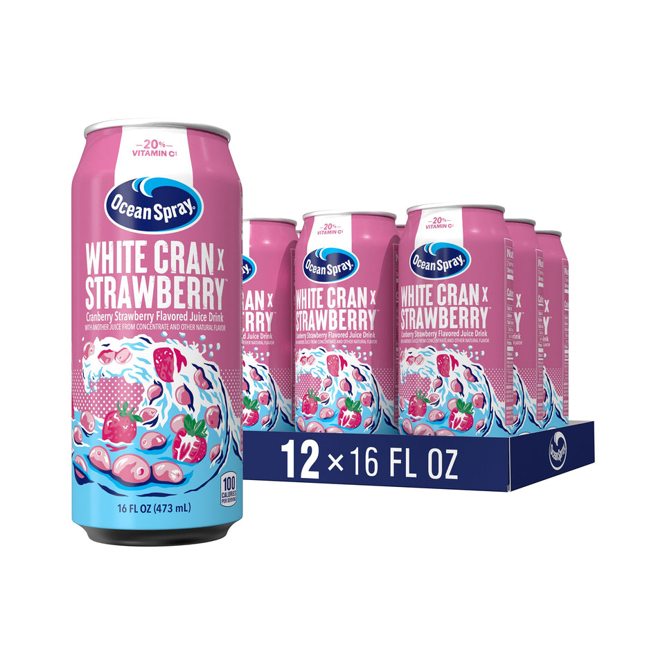 Ocean Spray White Cran-Strawberry can front view, refreshing juice blend.