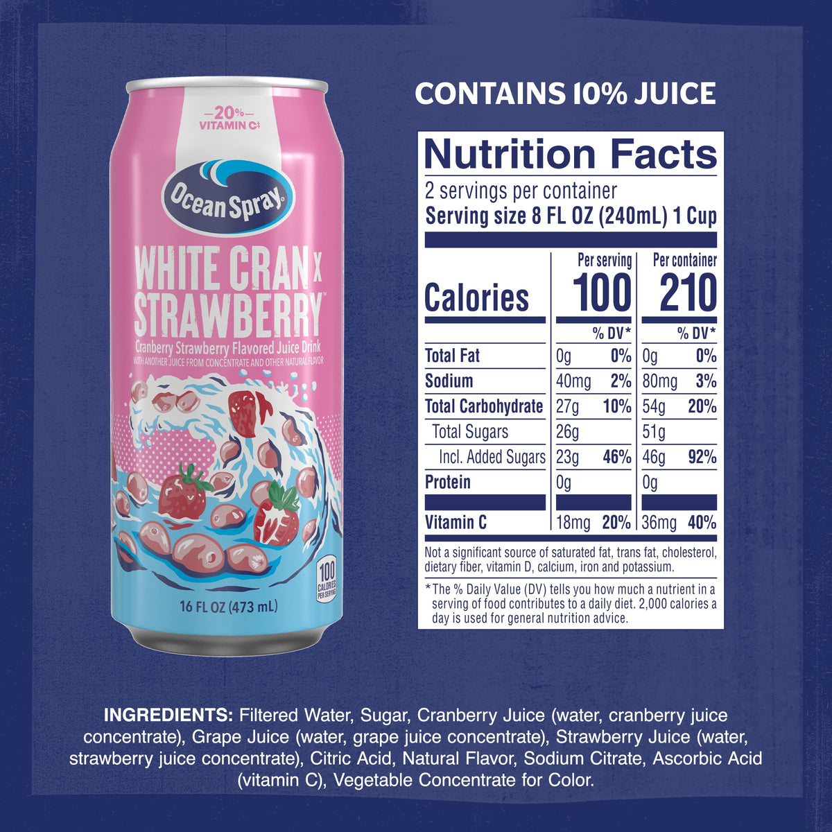 Ocean Spray White Cran-Strawberry can side view highlighting no high fructose corn syrup.