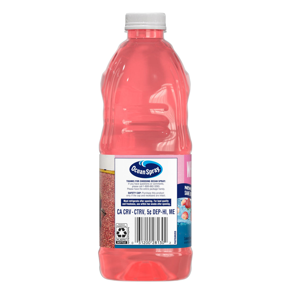 Close-up of Ocean Spray White Cran-Strawberry juice label showcasing real fruit flavors.