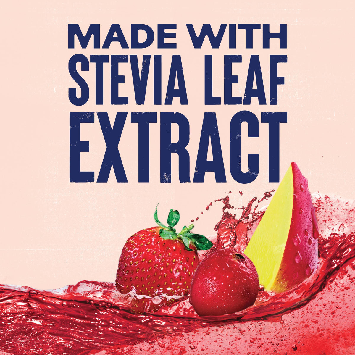 Glass of Ocean Spray Zero Sugar Strawberry Mango with fresh fruit highlight fruity flavor.
