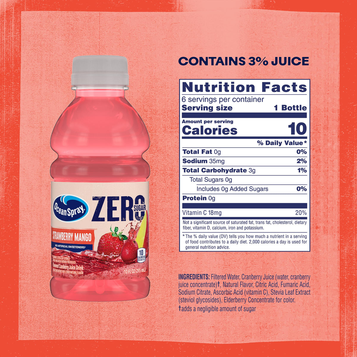 Ocean Spray Zero Sugar Strawberry Mango bottle, label close-up, no sugar added option.