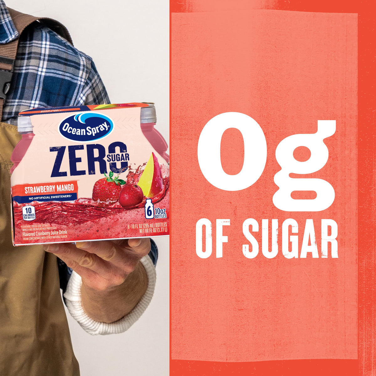 Ocean Spray Zero Sugar Strawberry Mango label close-up highlighting no added sugar.