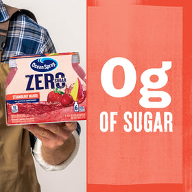 Ocean Spray Zero Sugar Strawberry Mango label close-up highlighting no added sugar.