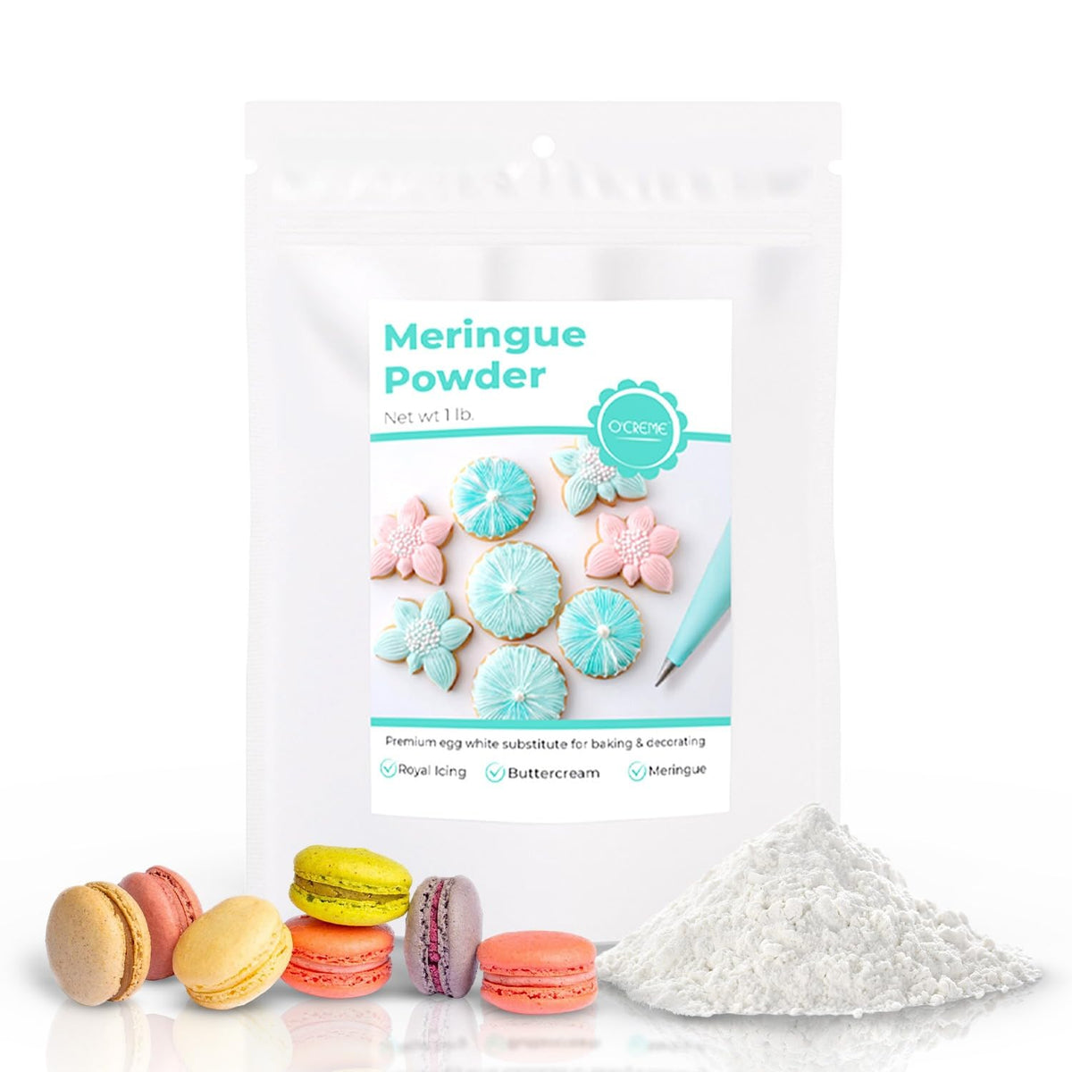 O'CREME meringue powder 1lb bag on counter for easy royal icing prep.