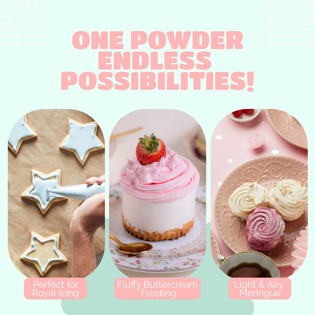 O'CREME meringue powder packaging resealable for freshness.