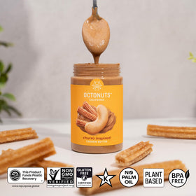 Octonuts Churro Cashew Butter jar shows vegan, non-GMO, palm-oil-free label