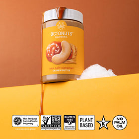 Closeup of Octonuts creamy cashew butter texture for easy spreading.