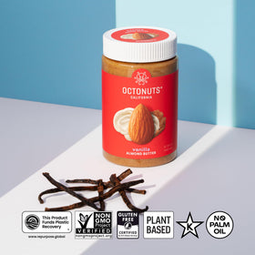 OCTONUTS Creamy vanilla almond butter close-up evokes indulgent snacking without added oils.
