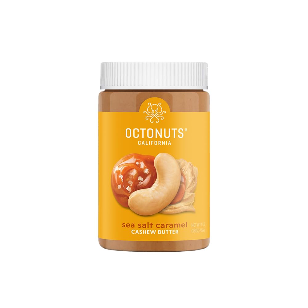 Octonuts dry roasted sea salt caramel cashew nut butter jar showing creamy spread.