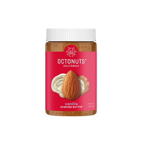 OCTONUTS Dry Roasted Vanilla Almond Butter jar showing rich creaminess and plant-based protein.