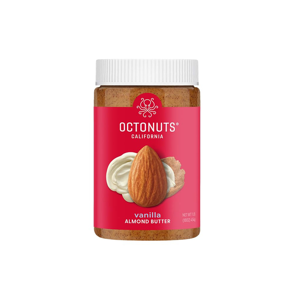 OCTONUTS Dry Roasted Vanilla Almond Butter jar showing rich creaminess and plant-based protein.