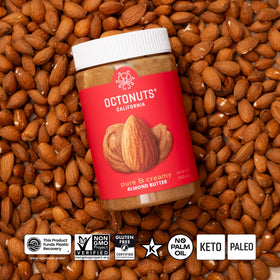 Close-up of Octonuts almond butter jar emphasizes simple ingredients and no added oils