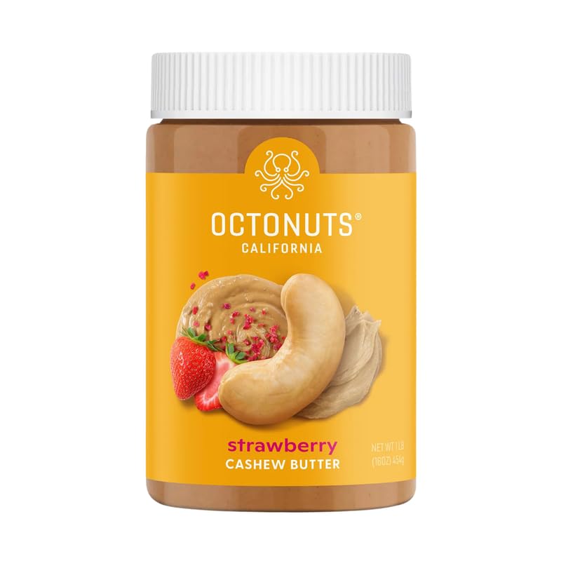 Octonuts Strawberry Cashew Butter jar with fruit bits, ideal for quick vegan breakfasts.