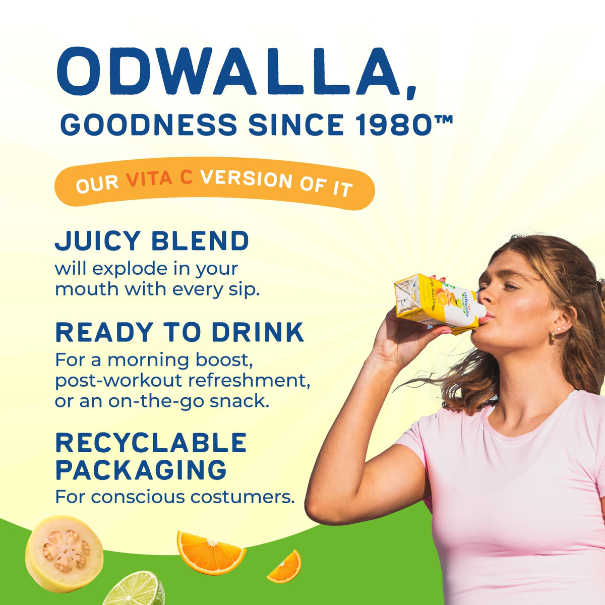 ODWALLA 16oz packaging highlighting generous size for breakfasts and travel.