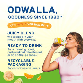 ODWALLA 16oz packaging highlighting generous size for breakfasts and travel.