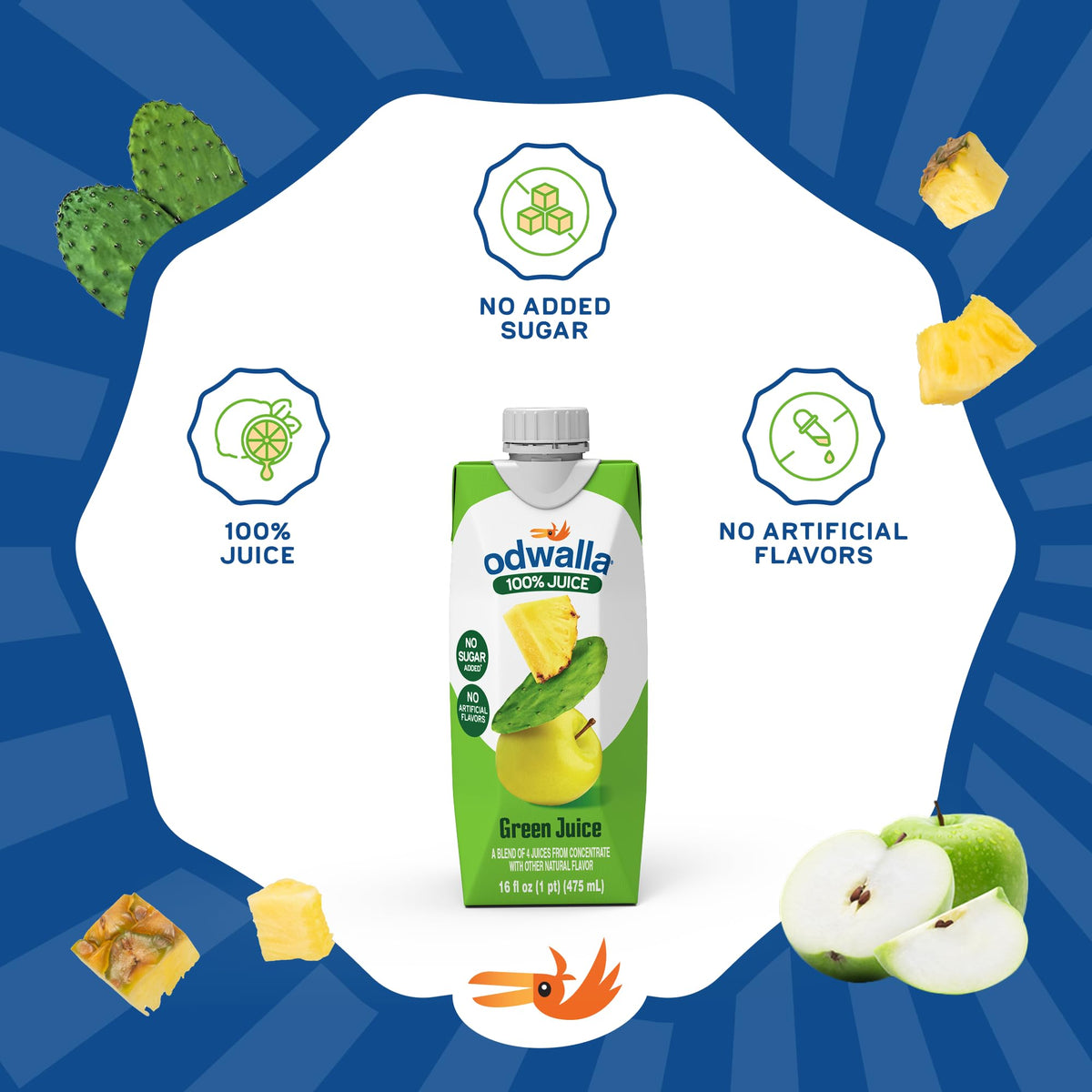 Close-up of apples, oranges and pineapple in Odwalla Green Juice.