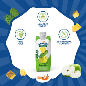 Close-up of apples, oranges and pineapple in Odwalla Green Juice.