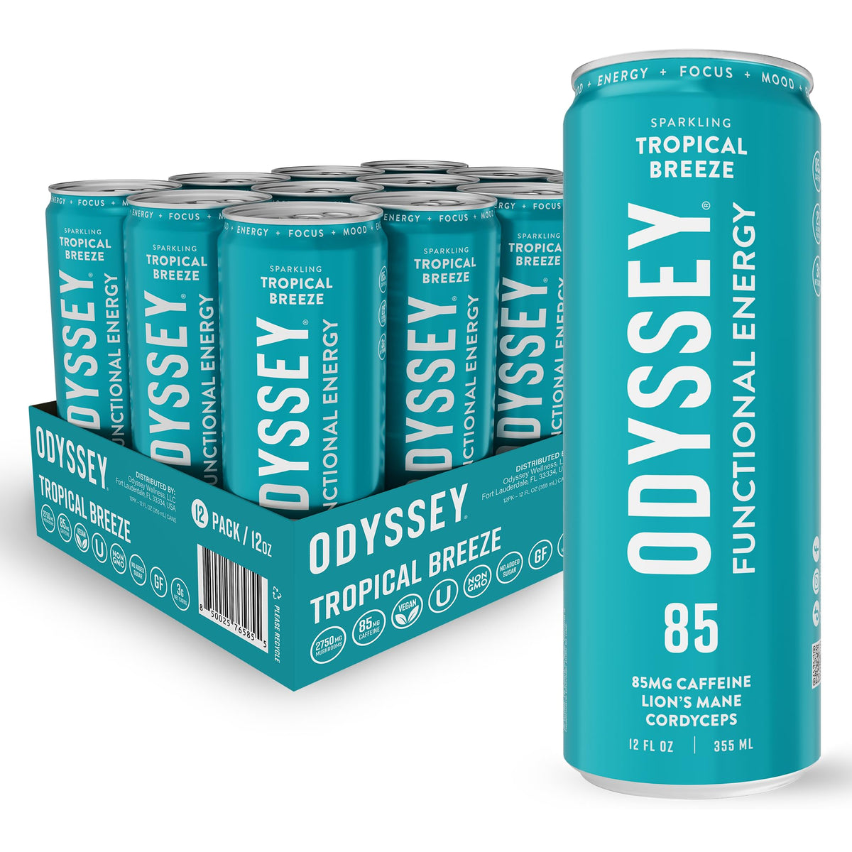 Odyssey Elixir bottle close-up showing a clean label for mindful energy.