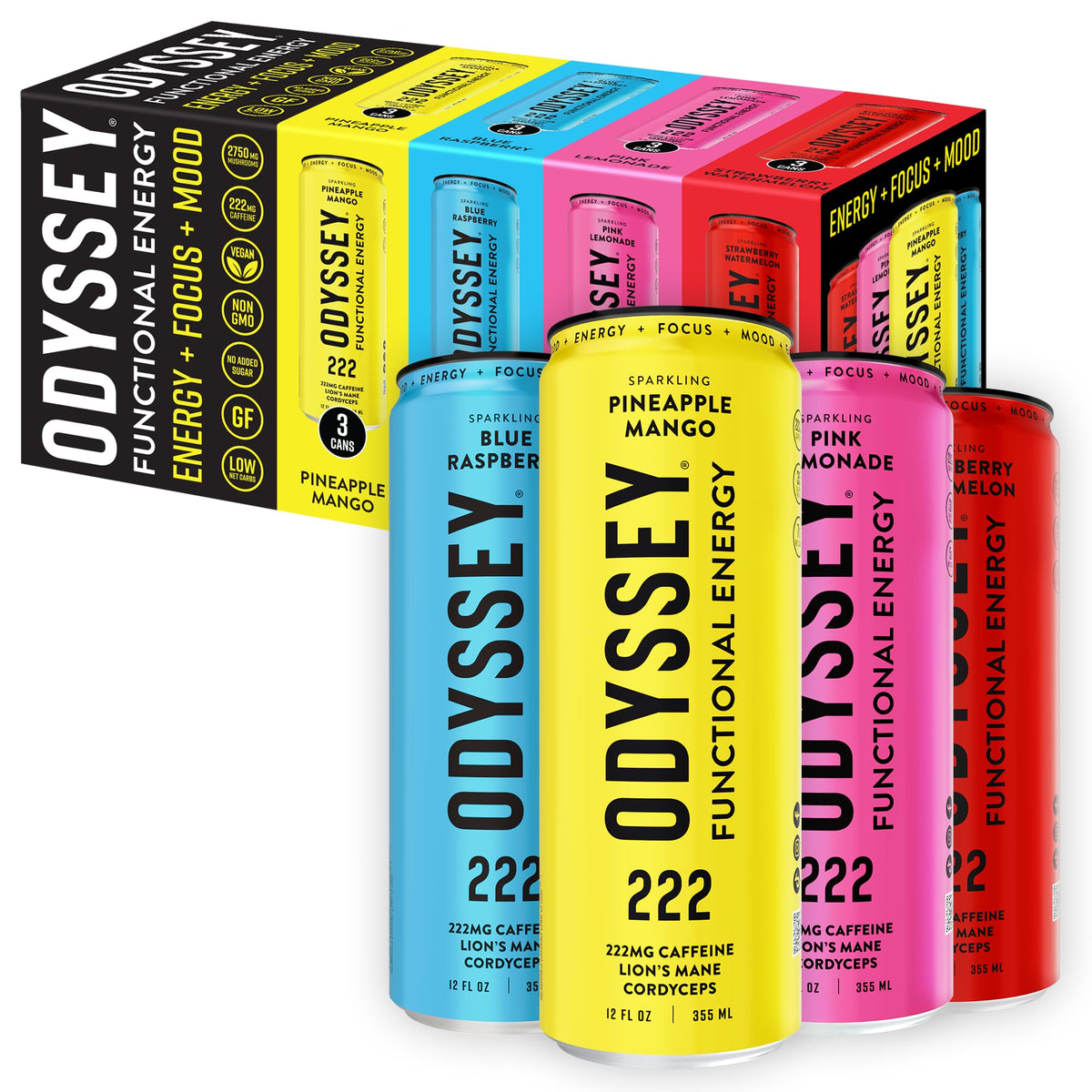 Odyssey Elixir bottle front with clean label signaling balanced energy for focused work.