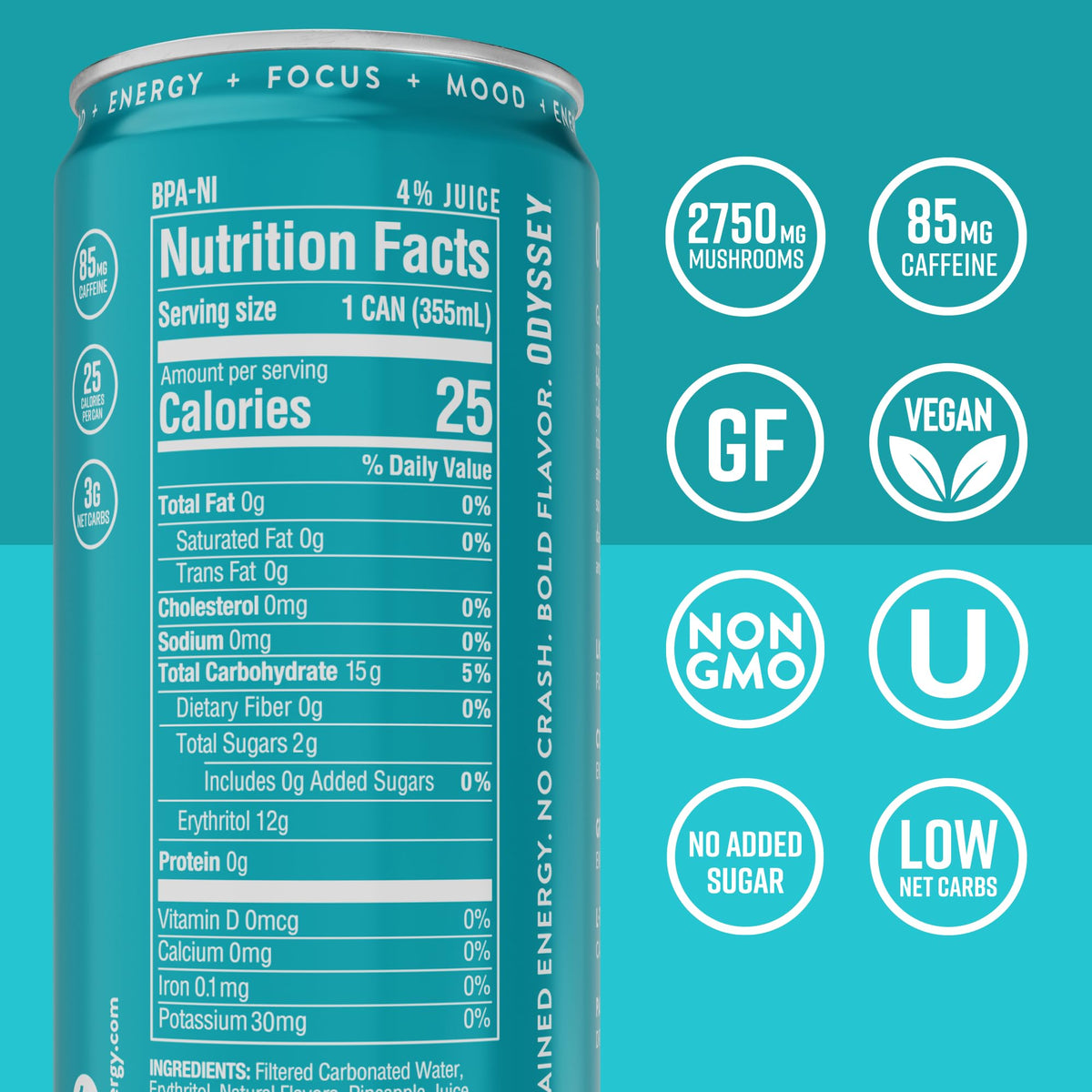 Odyssey Elixir can being poured to reveal sparkling energy for focus.