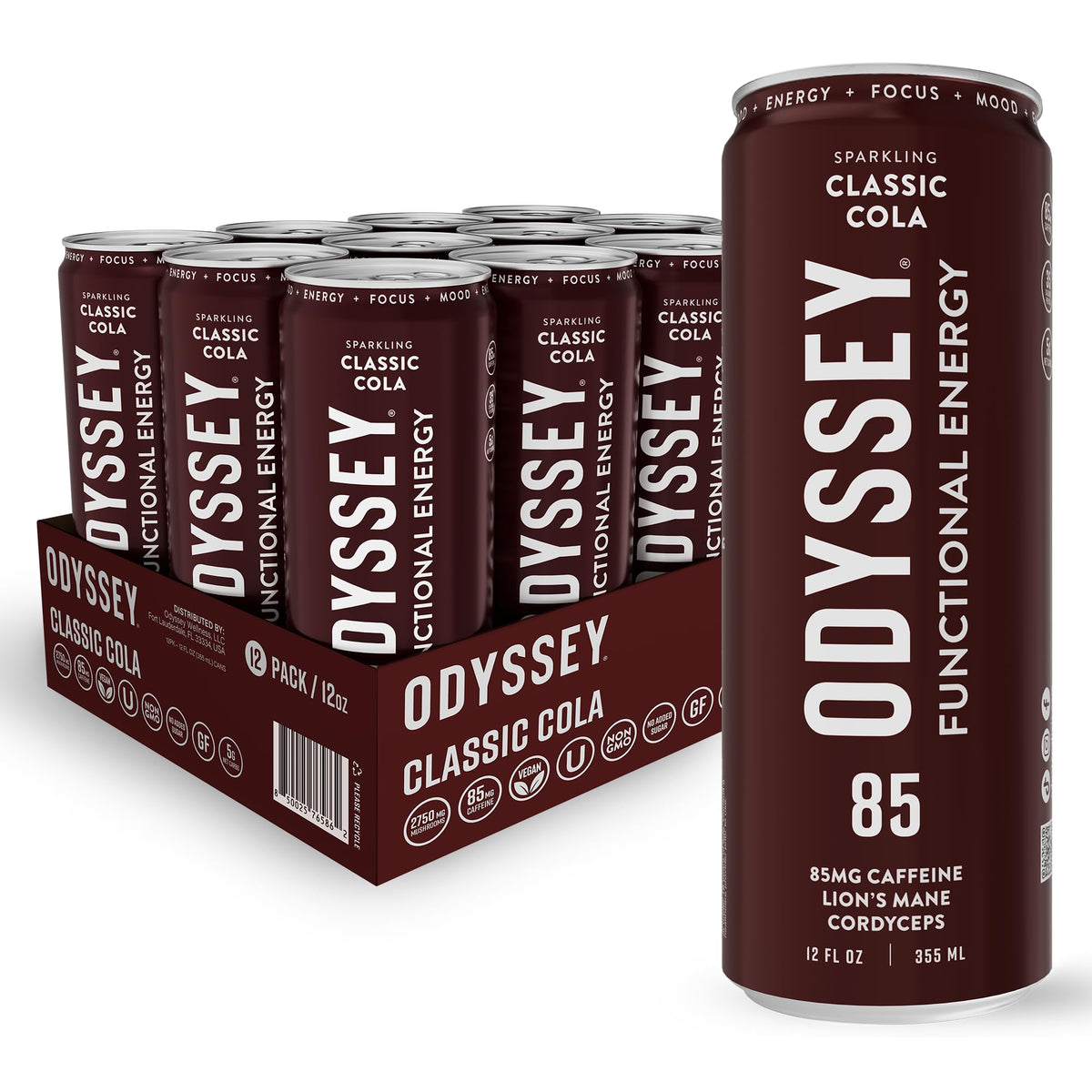 Odyssey Elixir can sideview showing sparkling cola for focused energy