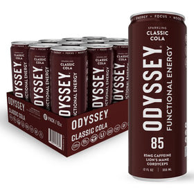 Odyssey Elixir can sideview showing sparkling cola for focused energy