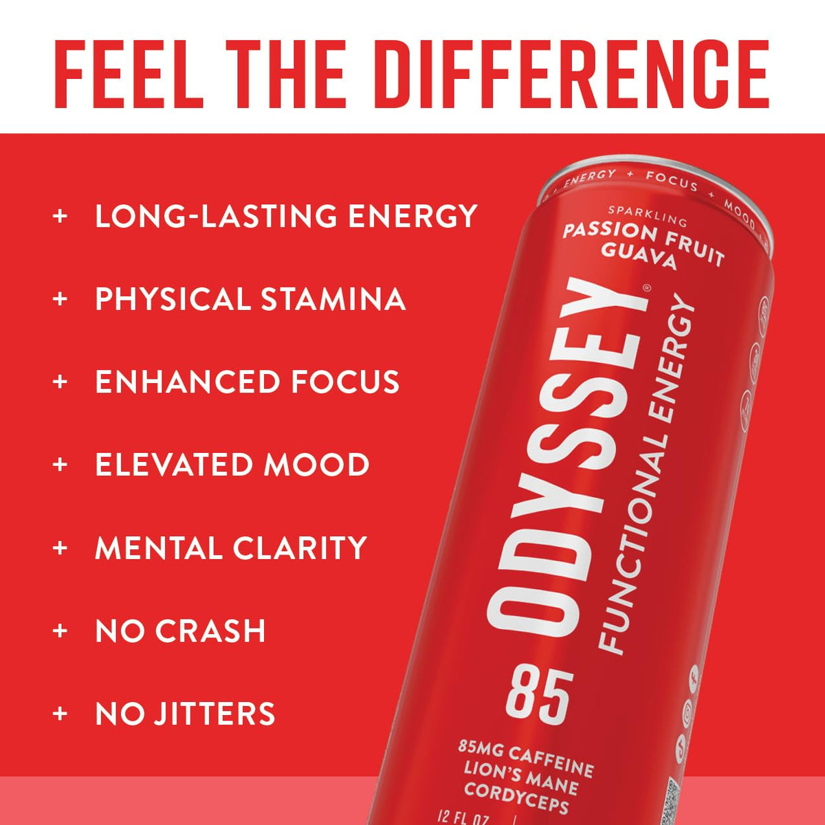 Odyssey Elixir chilled can with bubbles for refreshing, stomach-friendly boost.