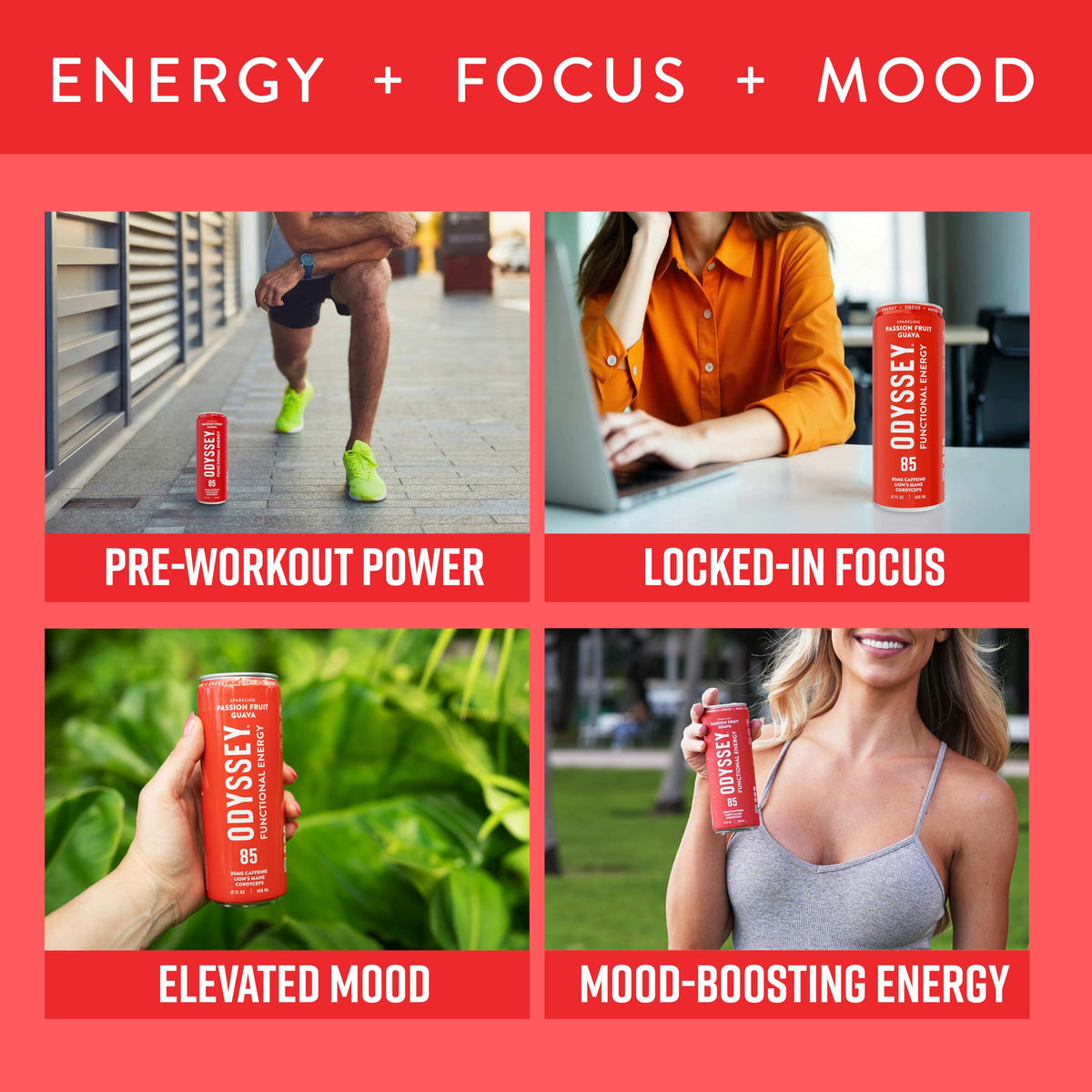 Odyssey Elixir vegan clean-label can on shelf promoting plant-based energy.