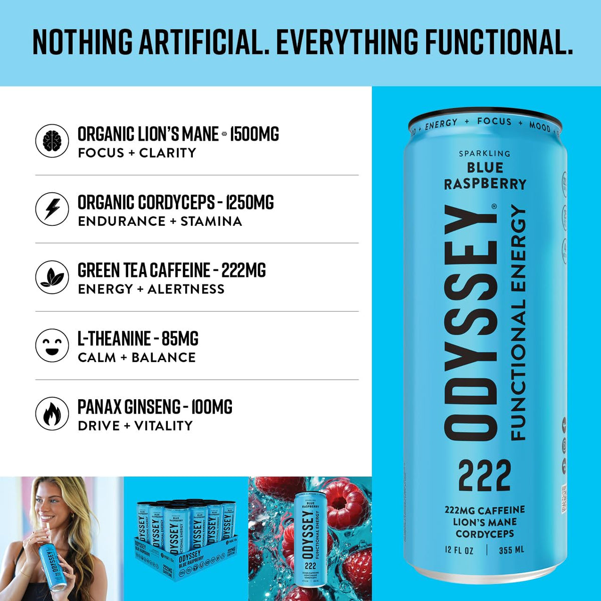 Odyssey Elixir cognition label highlights clean, plant-based energy for productive days.