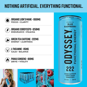 Odyssey Elixir cognition label highlights clean, plant-based energy for productive days.