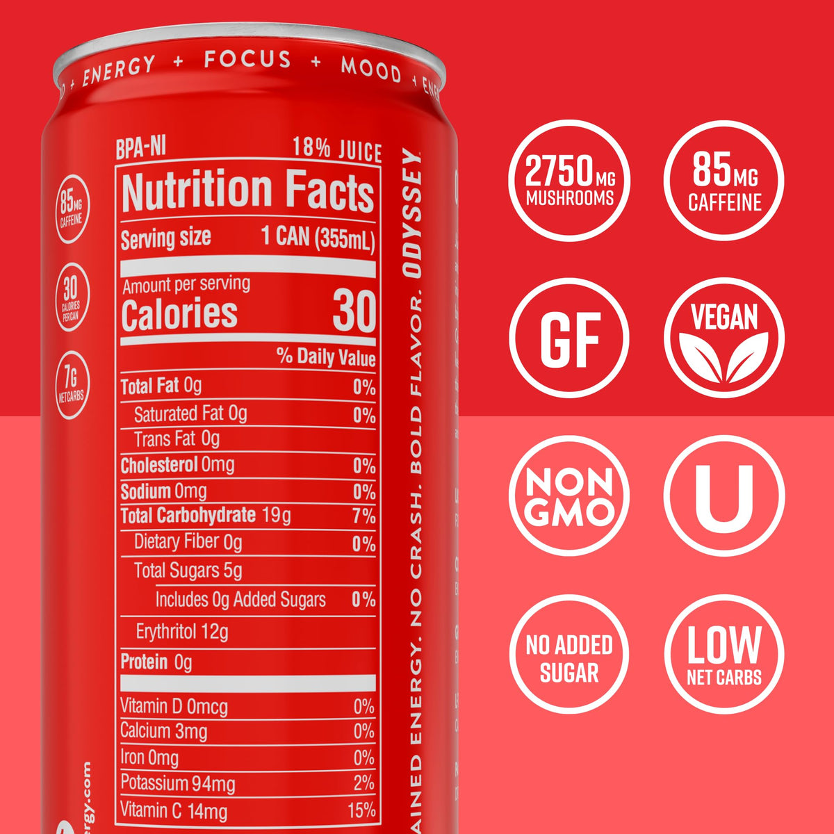 Odyssey Elixir green tea caffeine 85mg can showing clean energy.