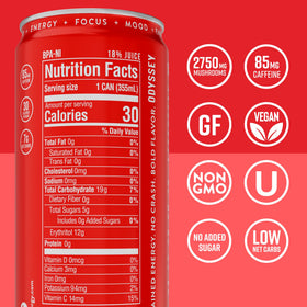 Odyssey Elixir green tea caffeine 85mg can showing clean energy.