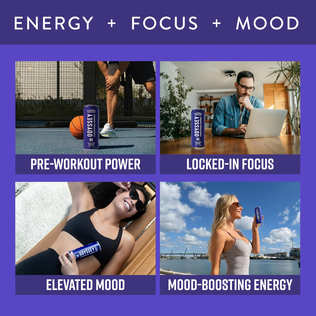 Odyssey Elixir ingredients label highlights plant-based, clean energy formula.