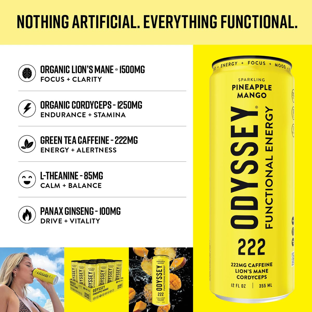 Odyssey Elixir ingredients image features Lion’s Mane and Cordyceps for cognitive support.