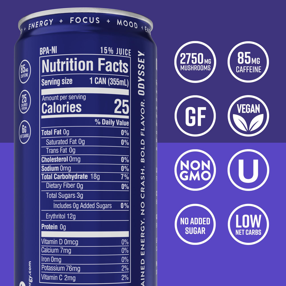 Odyssey Elixir label close-up shows adaptogens and clean energy.