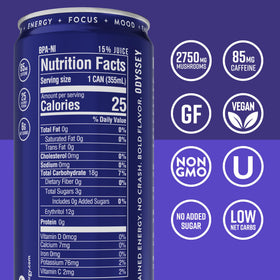 Odyssey Elixir label close-up shows adaptogens and clean energy.
