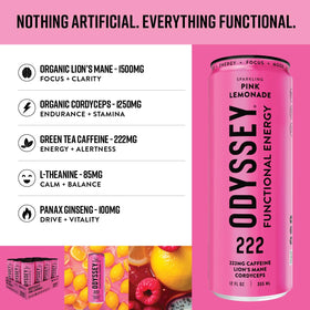 Odyssey Elixir label closeup highlighting vegan, clean ingredients for mindful energy