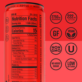 Odyssey Elixir Odyssey 222 front of can highlighting high caffeine for focused sessions