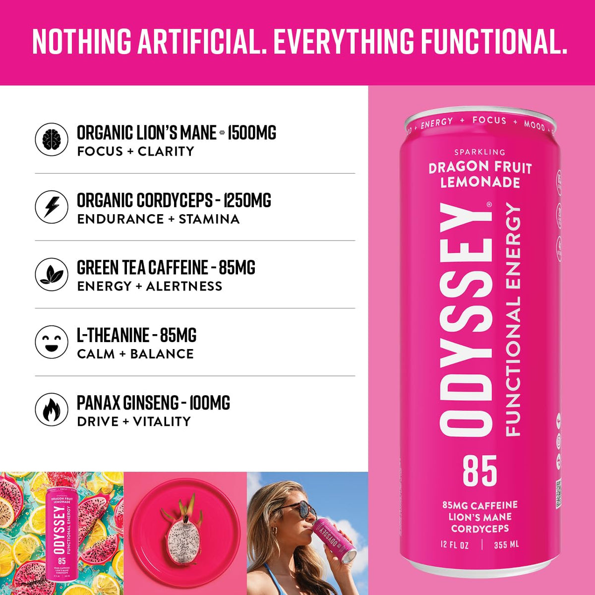 ODYSSEY ELIXIR can being poured, smooth sparkling energy