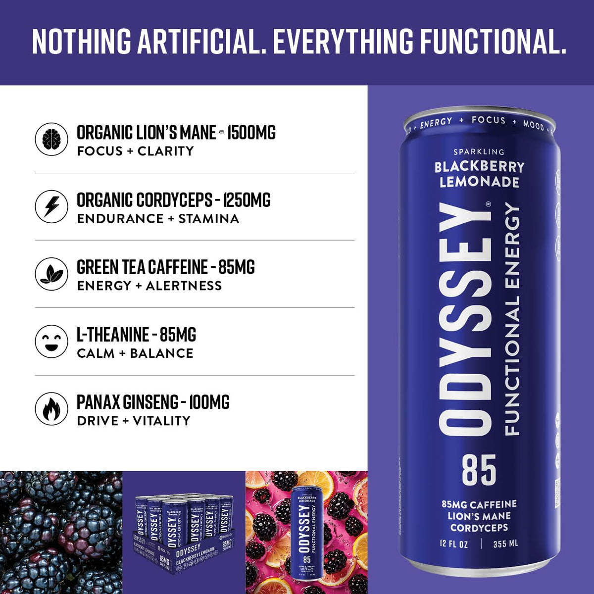 Odyssey Elixir pours into a glass revealing sparkling blackberry lemonade.