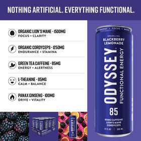 Odyssey Elixir pours into a glass revealing sparkling blackberry lemonade.