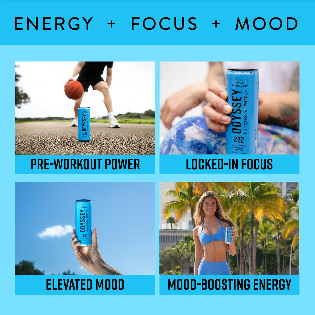 Odyssey Elixir sparkling blue raspberry can offers a refreshing energy boost.