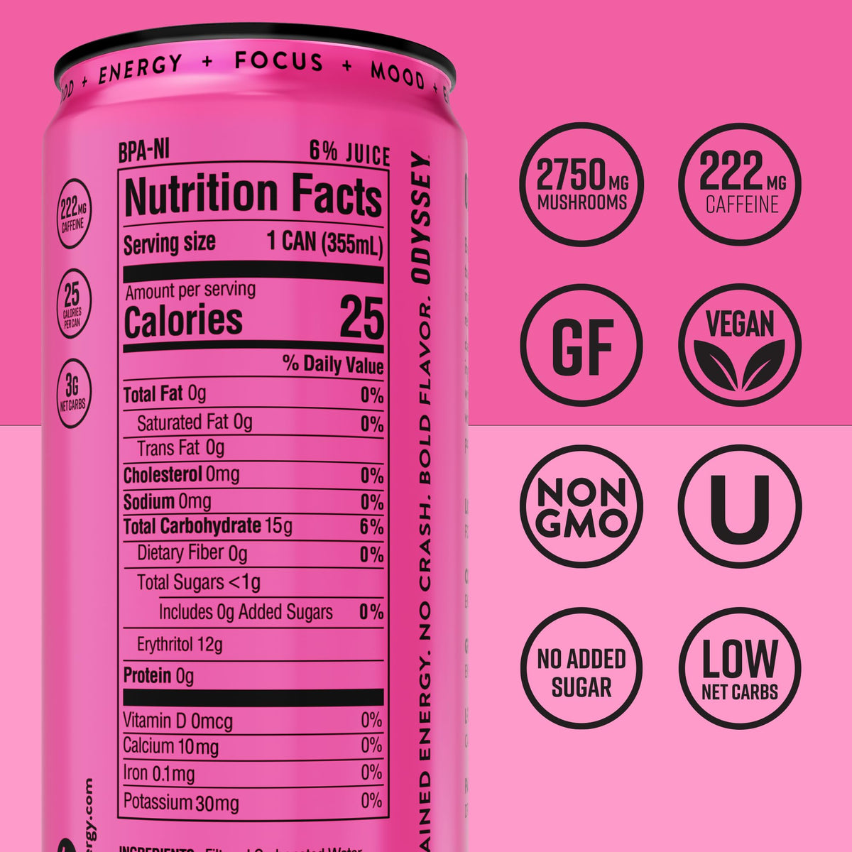 Odyssey Elixir sparkling pink lemonade can ready to sip for clean energy